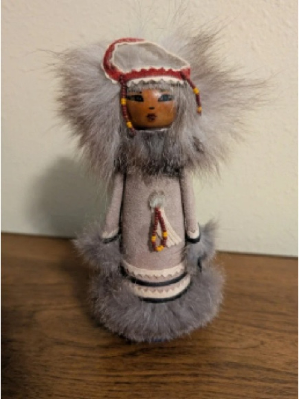Grey Fur Eskimo Doll Figurine - Decorative Home Accent